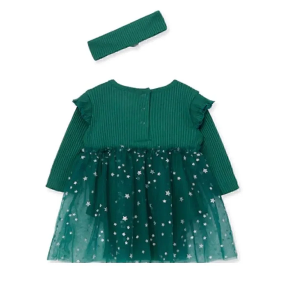 LITTLE ME BABY GIRL 9 MONTH “JOY” GREEN Bodysuit Dress with Matching Headband